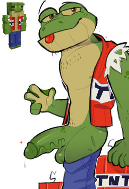 5_fingers anthro balls beard big_penis blue_bottomwear blue_clothing blue_pants bodily_fluids bottomwear bottomwear_down brown_eyes clothed clothing erection explosives facial_hair fingers genital_fluids genitals gesture glans green_balls green_body green_glans green_penis green_skin hand_gesture heart_symbol humanoid_genitalia humanoid_penis looking_at_viewer male membrane_(anatomy) minecraft_skin open_clothing open_topwear open_vest pants pants_down partially_clothed penis precum pupils red_clothing red_topwear red_vest smile solo thick_penis tnt tongue tongue_out topwear v_sign vein veiny_penis vest webbed_hands white_clothing white_topwear white_vest yellow_sclera clickclash microsoft minecraft mojang xbox_game_studios amphibian frog absurd_res hi_res