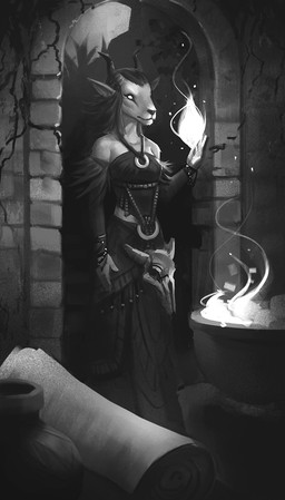 5_fingers anthro bone breasts cauldron clothed clothing detailed_background female fingers fire inside jewelry magic necklace scroll skull solo standing andyd bovid caprine goat mammal 2018 digital_media_(artwork) greyscale hi_res monochrome