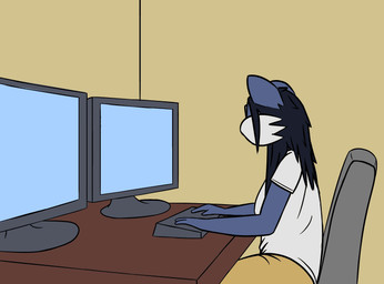 anthro chair clothed clothing desk eyes_closed eyewear female furniture gesture glasses keyboard looking_at_viewer on_chair sitting sitting_on_chair smile smiling_at_viewer solo table waving waving_at_viewer artifexincognitus bethany_anderson domestic_cat felid feline felis mammal 2d_animation animated frame_by_frame