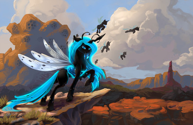 black_body black_skin blue_eyes blue_hair day detailed_background female feral hair hive horn insect_wings long_hair looking_at_viewer outside sky smile solo standing wings viwrastupr friendship_is_magic hasbro my_little_pony drone_(mlp) queen_chrysalis_(mlp) arthropod changeling hi_res