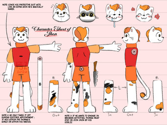 anthro big_pupils blush bodily_fluids derp_eyes description dilated_pupils drooling flower front_view hair horror_(expression) knife long_tail male orange_hair plant protective_suit pupils rear_view saliva short_ears side_view smile smiley_face smug smug_face solo tail text whiskers valken_holmes jhon_(jhon's_story) calico_cat domestic_cat felid feline felis mammal 2026 4:3 dated english_text hi_res letterbox model_sheet watermark