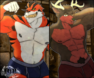 anthro antlers armpit_hair black_body black_fur body_hair boxers_(clothing) bulge clothing duo fangs flexing fur green_eyes horn male muscular muscular_male nipples one_eye_closed orange_body orange_fur pecs striped_body striped_fur stripes teeth underwear white_body white_fur wink yurivitor19abv ben_10 cartoon_network evil_con_carne the_grim_adventures_of_billy_and_mandy rath_(ben_10) rupert_the_green-nosed_reindeer alien appoplexian deer felid mammal pantherine tiger hi_res