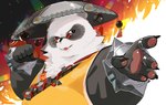 anthro asian_clothing asian_conical_hat belly bracelet chinese_clothing clothing east_asian_clothing eyewear fur glasses hat headgear headwear jewelry male multicolored_body multicolored_fur overweight pawpads solo spiked_bracelet spikes tongmung24 mihoyo zenless_zone_zero pan_yin_hu bear giant_panda mammal bust_portrait hi_res portrait