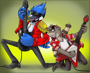 anthro duo electric_guitar eyewear glasses guitar male musical_instrument piercing playing_guitar playing_music plucked_string_instrument simple_background string_instrument sunglasses tail teeth tongue tongue_piercing darkpenguin cartoon_network regular_show mordecai_(regular_show) rigby_(regular_show) avian bird blue_jay corvid jay_(bird) mammal new_world_jay oscine passerine procyonid raccoon