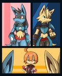 anthro armor clothing crop_top male midriff shirt side_mouth topwear dahecksajerry atlus etrian_odyssey nintendo pokemon sega generation_4_pokemon human lucario mammal pokemon_(species) hi_res