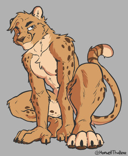anthro athletic athletic_anthro athletic_male barely_visible_pawpads brown_body brown_fur brown_nipples brown_pawpads brown_spots casual_nudity countershade_fur countershading crouching curling_tail dark_nipples feet fur grey_background hands_on_ground hindpaw male male_anthro markings monotone_background nipples nude_anthro nude_male orange_body orange_fur pawpads paws raised_tail simple_background smile smiling_at_viewer smirk smirking_at_viewer solo spots spotted_body spotted_fur spotted_markings tail tan_body tan_fur text howellthabear cheetah felid feline mammal aliasing artist_name binary_drawing cel_shading colored digital_drawing_(artwork) digital_media_(artwork) hi_res restricted_palette shaded