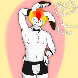 anthro aroused blonde_hair blue_eyes buckteeth card_ear_ring clothing ear_tuft erect_nipples fur hair hair_color_change hanafuda_card male multicolored_body multicolored_fur nipples rabbit_ears scut_tail short_tail solo tail teeth text tuft waiter white_body white_fur rytsu_(artist) meme_clothing rytsu lagomorph leporid mammal rabbit 1:1 french_text hi_res meme signature nonbinary_(lore)