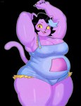 anthro armpit_focus belly big_belly big_breasts biped black_background black_hair blue_highlights blush breasts claws cleavage clothed clothing curvy_figure ear_piercing ear_ring eyelashes fangs fat_arms female hair hand_behind_head highlights_(coloring) huge_thighs looking_at_viewer open_mouth open_smile outline overalls overweight overweight_anthro overweight_female pawpads piercing pose purple_body raised_arms ring_piercing short_hair shortalls side_boob simple_background smile solo standing teeth thick_arms thick_thighs three-quarter_view white_outline wide_hips yellow_sclera champchidi undertale undertale_(series) catty_(undertale) domestic_cat felid feline felis mammal 2025 hi_res portrait three-quarter_portrait