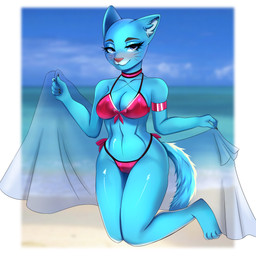 anthro beach blue_body blue_fur camel_toe clothing female fur grey_eyes pamenpie pink_nose pose sand sea solo tail underwear water pamen cartoon_network the_amazing_world_of_gumball nicole_watterson domestic_cat felid feline felis mammal 1:1 absurd_res digital_drawing_(artwork) digital_media_(artwork) hi_res pinup