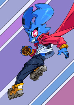 5_fingers anthro biped blue_body blue_fur bottomwear cheek_tuft clenched_teeth clothed clothing ear_piercing facial_tuft fingers footwear fur holding_yo-yo male nails open_mouth open_smile pants piercing red_clothing red_eyes shoes smile solo teeth tuft white_clothing white_sclera yo-yo qiu-yun pipistrello_and_the_cursed_yoyo pippit_pipistrello bat mammal 2026 hi_res