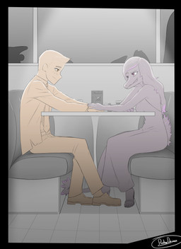 5_fingers 5_toes anthro black_border blush blush_lines border claws clothing date dress duo elbow_feathers eyelashes feathers feet female finger_claws fingers footwear hair hand_holding high_heels human_on_anthro inside interspecies long_hair male necktie restaurant shoes short_hair smile snout text toes ratherdevious cavemanon_studios snoot_game iris_(snoot_game) lur_(snoot_game) atrociraptor dinosaur dromaeosaurid feathered_dinosaur feathered_scalie human mammal prehistoric_species reptile saurischian scalie theropod 2025 absurd_res artist_name hi_res monochrome watermark