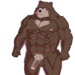 anthro balls brown_body brown_fur flaccid foreskin fur genitals humanoid_genitalia humanoid_hands humanoid_penis male manly muscular muscular_anthro muscular_male nipples nude penis pubes simple_background solo standing argent_cookie bear mammal 1:1 hi_res