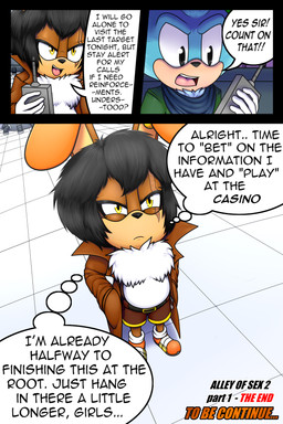 anthro black_nose clothed clothing dialogue eye_scar facial_scar fingers footwear hair half-closed_eyes holding_object male narrowed_eyes open_mouth scar shoes speech_bubble standing text dexstar lagomorph leporid mammal rabbit 2:3 comic digital_media_(artwork) english_text hi_res