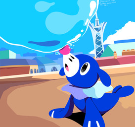 ambiguous_gender black_eyes blue_body bubble cloud feral lumiose_city markings open_mouth sky solo tail tongue whisker_markings sleepy_sealion nintendo pokemon generation_7_pokemon pokemon_(species) popplio 2025 absurd_res dated hi_res signature