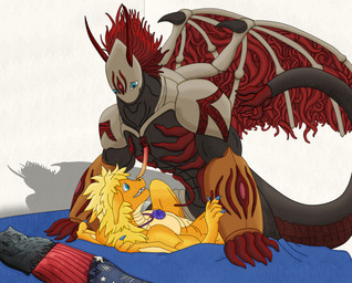 anthro armor bed blonde_hair clothing duo furniture gauntlets gloves gold_scales hair handwear jewelry male male/male necklace red_body red_hair scales size_difference smile tail tentacle_tail tentacles thick_tail unusual_anatomy unusual_tail wings kingmana bandai_namco digimon arkadimon monster tentacle_creature absurd_res hi_res