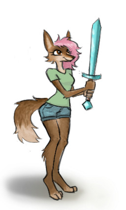 anthro bottomwear brown_body brown_fur clothing denim denim_bottomwear denim_clothing denim_shorts diamond_sword eyelashes female fur green_clothing green_shirt green_topwear hair holding_melee_weapon holding_object holding_sword holding_weapon melee_weapon orange_eyes pink_hair shirt shorts solo sword tan_body tan_fur topwear weapon spacedimsum canid canine mammal hi_res