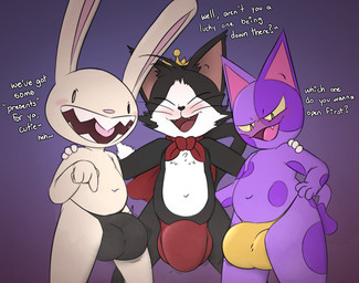anthro belly big_bulge black_body black_fur blush bulge cape clothing crown dialogue eyes_closed fur genitals gesture group hand_gesture headgear headwear huge_bulge looking_at_viewer male male/male open_mouth penis pointing pointing_at_penis purple_body purple_fur sharp_teeth slightly_chubby slightly_chubby_anthro slightly_chubby_male smile standing take_your_pick teeth text trio underwear whiskers white_body white_fur yellow_sclera chunknudies animal_crossing final_fantasy final_fantasy_vii nintendo sam_and_max square_enix bob_(animal_crossing) cait_sith_(ff7) max_(sam_and_max) domestic_cat felid feline felis lagomorph leporid mammal rabbit crossover english_text hi_res