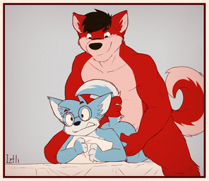 4_fingers adult_on_young age_difference all_fours anal anal_penetration anthro anthro_on_anthro anthro_penetrated anthro_penetrating anthro_penetrating_anthro bed biped black_hair black_nose blue_background blue_body blue_fur border clenched_teeth countershading doggystyle duo eyewear fingerless_(marking) fingers from_behind_position front_view fur fur_markings furniture glasses hair hip_grab hug hugging_object hugging_pillow larger_male looking_at_another looking_at_partner looking_down male male/male male_penetrated male_penetrating male_penetrating_male markings multicolored_body multicolored_fur naughty_face nude older_male on_bed penetration penile penile_penetration penis_in_ass pillow pillow_grab red_body red_fur sex short_hair simple_background size_difference smaller_male smaller_penetrated smile snout surprised tail tail_grab teeth two_tone_body two_tone_fur white_body white_border white_fur wide_eyed wince young young_anthro young_male younger_male younger_penetrated iztli canid canine canis domestic_dog husky mammal nordic_sled_dog spitz digital_media_(artwork) flat_colors hi_res