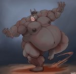 anthro arms_out balancing belly belly_overhang big_belly black_hair buckteeth chubby_cheeks eyewear eyewear_only glasses glasses_only grey_body hair huge_belly male male_anthro muscular muscular_anthro muscular_arms muscular_legs muscular_male navel neck_muscles nipples nude obese obese_anthro obese_male on_one_leg overweight overweight_anthro overweight_male pecs simple_background solo standing teeth wearing_glasses karrnade carlos_(burropaleta) asinus donkey equid equine mammal hi_res signature