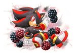 anthro black_body black_fur blackberry_(fruit) clothing food footwear frown fruit fur gloves handwear male plant red_eyes shoes solo white_clothing white_gloves white_handwear finikart sega sonic_the_hedgehog_(series) shadow_the_hedgehog eulipotyphlan hedgehog mammal 2020 dark_theme signature traditional_media_(artwork)