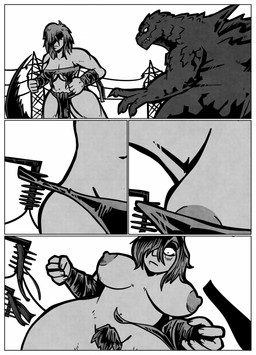 accident accidental_exposure anthro arm_wraps blush border breasts clothed_to_nude clothing clothing_destruction duo embarrassed female fighting_pose macro male nipples nude pose power_lines pubes torn_clothing two-piece white_border wraps desertdragon94 attack_of_the_50_foot_woman godzilla_(series) toho godzilla human kaiju mammal scalie black_and_white comic hi_res monochrome