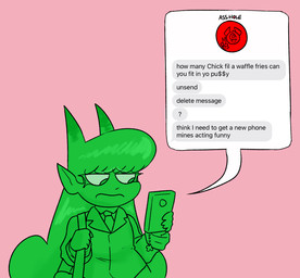 1_eye accessory cellphone clothed clothing electronics female gesture hair hand_gesture horn long_hair looking_at_object looking_at_phone necktie office_clothing phone profanity simple_background smartphone solo text texting topwear uncomfortable v_sign nylonhellhole ivy_(nylonhellhole) krylon_(nylonhellhole) demon humanoid imp mammal english_text hi_res