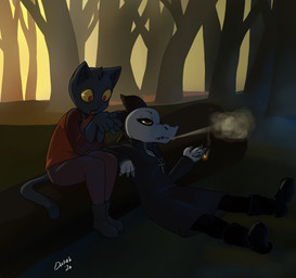 anthro biped black_body black_eyes black_fur boots bottomwear cigarette clothed clothing dress duo dusk eyeliner female footwear forest fur jewelry log makeup nature necklace open_mouth outside pants plant reclining red_eyes shirt shoes sitting smoking talking_to_another topwear tree wood daliahsart night_in_the_woods bea_santello mae_borowski alligator alligatorid crocodile crocodilian domestic_cat felid feline felis mammal reptile scalie absurd_res hi_res