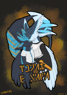 anthro armor big_tail black_body black_feathers black_mantle blue_body blue_feathers blue_markings breastplate clothing coat duo ear_markings eyes_closed facial_markings feather_markings feathered_wings feathers female forehead_markings hand_holding head_markings head_on_head hug male mantle markings neck_tuft nuzzling smile tail tail_feathers tail_markings text topwear tuft white_body white_clothing white_coat white_feathers white_topwear wings yellow_markings toddavali braid_(k'braid) eili_(k'braid) avali absurd_res hi_res