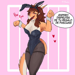anthro biped black_clothing black_leggings black_legwear breasts brown_hair bunny_costume clothed clothed_anthro clothed_female clothing costume cuff_(restraint) dialogue fake_ears female fingers fist front_view hair heart_symbol holidays humanoid_hands leggings legwear long_hair looking_at_viewer medium_breasts non-mammal_breasts open_mouth open_smile orange_body pink_background pose red_eyes restraints simple_background smile solo speech_bubble spiked_tail spikes spikes_(anatomy) standing tail talking_to_viewer tan_body text wrist_cuffs anfitrionaaa easter goodbye_volcano_high ko_op_(game_developer) rosa_(gvh) aquilops ceratopsian dinosaur marginocephalian ornithischian prehistoric_species reptile scalie 1:1 absurd_res colored hi_res portrait shaded spanish_text three-quarter_portrait translated