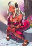 5_toes big_breasts breasts cleavage clothed clothing feet female footwear hair horn jewelry looking_at_viewer necklace not_furry outside sitting smile solo toes white_hair f.s. demon humanoid 2019 hi_res