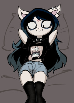 black_hair clothing ear_piercing female hair legwear piercing solo thigh_highs jek_(artist) cartoon_hangover the_summoning claire_(the_summoning) felid feline mammal absurd_res hi_res