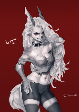 angry anthro big_breasts breasts claws clothing cute_fangs ear_piercing fangs female fur grumpy hair hand_on_hip long_hair looking_at_viewer nails navel occult_symbol pentagram piercing red_background red_sclera sagging_breasts simple_background solo symbol teeth torn_clothing white_body white_eyes white_fur white_hair octorypo hellaverse helluva_boss mythology loona_(helluva_boss) canid canid_demon canine demon hellhound mammal mythological_canine mythological_creature hi_res