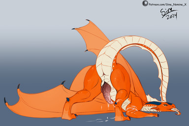 anus bodily_fluids butt claws cum cum_on_ground erection feral genital_fluids genitals horn knot knotted_penis looking_back male membrane_(anatomy) membranous_wings nude orange_body penis presenting presenting_hindquarters raised_tail simple_background solo tail text tongue tongue_out wings sine_nomine_x mythology dragon mythological_creature mythological_scalie scalie 3:2 hi_res url