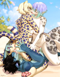4_toes 5_fingers anthro anthro_on_anthro anus areola beach biped black_hair blonde_hair blue_body blue_hair blue_scales blue_spots bodily_fluids breasts butt claws cloud countershade_fur countershade_torso countershading cum cum_in_vagina cum_inside cunnilingus day erection eyes_closed feet female female/female finger_claws fingers french_kissing front_view fur genital_fluids genitals grey_body grey_scales grey_spots grey_tail group hair hand_on_butt kissing kneeling looking_at_viewer looking_back looking_back_at_viewer lying male male/female markings nude nude_anthro nude_female nude_male on_back open_mouth open_smile oral outside pawpads paws penetration penile penile_penetration penis penis_in_vagina pink_eyes plant rear_view sand scales sex sky smile spots spotted_body spotted_fur spotted_markings spotted_tail tail tail_markings teeth toe_claws toes tongue tree trio vaginal vaginal_penetration vulva yellow_body yellow_eyes yellow_fur yellow_tail pizhma cheetah felid feline lizard mammal reptile scalie 2026 absurd_res digital_drawing_(artwork) digital_media_(artwork) hi_res