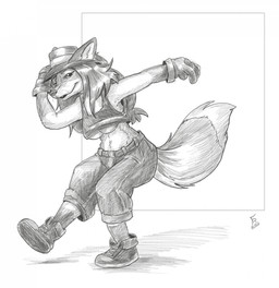 anthro bottomwear breasts clothing dipstick_tail female footwear fur gloves gloves_(marking) hair handwear hat headgear headwear leg_markings markings midriff pants shirt shoes socks_(marking) solo tail tail_markings tank_top topwear under_boob whiskers flinters canid canine fox mammal 2026 greyscale hi_res monochrome