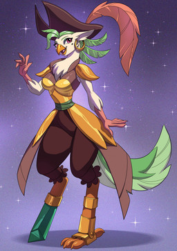 anthro armor avian_feet beak breasts chest_tuft clothing ear_piercing ear_ring eyebrows eyelashes feather_hair feathers female green_hair hair hat headgear headwear mole_under_eye pegleg piercing pink_eyes pirate_hat pseudo_hair ring_piercing solo tan_body tuft alanscampos friendship_is_magic hasbro my_little_pony my_little_pony:_the_movie_(2017) captain_celaeno_(mlp) avian bird parrot 2026 hi_res
