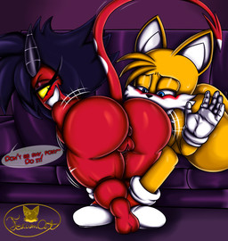 age_difference anthro big_breasts big_butt black_hair breasts butt duo female hair horn male male/female older_female red_body red_skin tail young young_anthro younger_male foxium hellaverse helluva_boss sega sonic_the_hedgehog_(series) miles_prower millie_(helluva_boss) canid canine fox imp mammal crossover hi_res