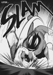 ambiguous_gender angry anthro bandaged_hand duo feet fight gynomorph hair intersex motion_lines onomatopoeia slamming sound_effects text peculiart bun_bash ruth_(peculiart) lagomorph leporid mammal rabbit black_and_white comic english_text hi_res monochrome