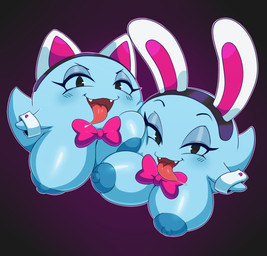 :3 areola big_breasts blush bodily_fluids bow_(feature) bow_tie breasts cuffs_(clothing) duo fake_cat_ears fake_ears fake_rabbit_ears fangs female half-closed_eyes narrowed_eyes nipples not_furry open_mouth saliva simple_background teeth tongue tongue_out sssonic2 mario_bros nintendo paper_mario paper_mario:_the_thousand_year_door lahla_(mario) peeka_(mario) boo_(mario) ghost sphere_creature spirit 2018 digital_media_(artwork) hi_res sibling_(lore) sister_(lore) sisters_(lore) twins_(lore)