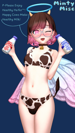 animal_print animal_print_bikini bell bell_collar bikini blue_halo blue_nails blue_wings blush bottle breasts brown_hair bulge clothing collar colored_nails container cow_print cow_print_bikini cowbell cowbell_collar dairy_products ear_piercing ear_tag eyewear food glasses gradient_hair gradient_wings gynomorph hair halo holding_bottle holding_container holding_object horn hucow insect_wings intersex milk_bottle milk_container multicolored_hair multicolored_wings nails not_furry one_eye_closed open_mouth pattern_bikini pattern_clothing pattern_swimwear piercing pink_eyes pink_hair pink_nails pink_wings round_glasses smile solo swimwear tail tail_tuft text tuft two-piece_swimsuit wings mintymisc koikatsu elaine_mae-sinn_(mintymisc) angel angel_humanoid animal_humanoid bovid bovid_humanoid bovine bovine_humanoid fairy humanoid mammal mammal_humanoid 4k 9:16 absurd_res alpha_channel artist_name english_text hi_res portrait three-quarter_portrait trans_(lore) trans_woman_(lore)