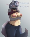 anthro areola belly belt big_belly big_breasts blush bottomwear breasts clothed clothing collar denim denim_bottomwear denim_clothing female fluffy fluffy_tail front_view fur grey_body grey_fur grey_hair hair jeans montgomery_glands pants pregnant pregnant_anthro pregnant_female raised_clothing raised_topwear shirt smile solo tail tan_body tan_fur tank_top text topwear ardail maku_(maku450) canid canine canis mammal wolf 4:5 absurd_res english_text hi_res