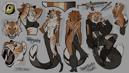 alternative_fashion anthro clothing facial_piercing female fur gun knife nose_piercing piercing punk ranged_weapon rifle septum_piercing solo striped_body striped_fur stripes teeth topwear weapon infezmite felid mammal prehistoric_species saber-toothed_tiger hi_res model_sheet