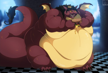 anthro belly big_belly crown food headgear male moobs morbidly_obese morbidly_obese_anthro morbidly_obese_male obese obese_anthro obese_male open_mouth overweight overweight_anthro overweight_male sandwich_(food) small_wings solo wings bzarks mythology radu_(bzarks) dragon mythological_creature mythological_scalie scalie cel_shading digital_media_(artwork) full-length_portrait hi_res portrait shaded