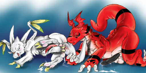 all_fours anus balls bodily_fluids claws duo erection eyes_closed genital_fluids genitals lying male male/male nude on_side penis precum raised_tail side_view spread_anus spreading tail narse bandai_namco digimon digimon_(species) guilmon 2005