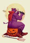 anthro big_butt butt cape clothing costume fake_horns food footwear fruit fur garter_belt garter_belt_socks garter_straps halloween_costume halloween_decoration holidays jack-o'-lantern looking_at_viewer looking_back male mostly_nude muscular muscular_anthro muscular_male pitchfork plant pose pumpkin purple_body purple_fur red_clothing scissors shoes sitting smile socks solo tasteful thick_thighs tools mezcal_(artist) halloween canid canine canis mammal wolf absurd_res hi_res pinup