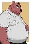 anthro belly big_belly black_nose bodily_fluids bottomwear brown_body clothing humanoid_hands kemono male monotone_clothing monotone_shirt monotone_topwear overweight overweight_male pants shirt solo sweat topwear kick_(artist) bear mammal 2022 hi_res