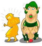 2014 ball_gag balls blue_eyes blush breasts clothed clothing demi_transformation dress duo equid female flaccid footwear gag gagged genitals green_hair gynomorph hair humanoid humanoid_genitalia humanoid_penis hylian intersex malon mammal minigun_(artist) nintendo nipples penis queen's_stallion saddle saria shoes short_hair simple_background standing surprise the_legend_of_zelda twig what white_background