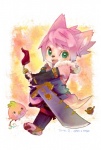 anthro armor clothing duo female green_eyes hair kemono melee_weapon open_mouth pink_hair simple_background sword weapon young young_anthro young_female mabo_(artist) canid canine canis domestic_dog mammal