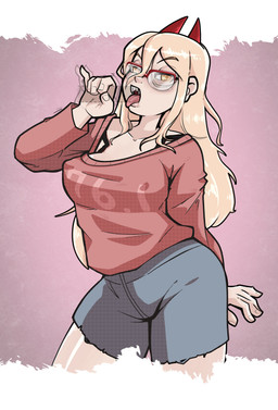 blonde_hair blue_bottomwear blue_clothing blue_shorts blush bottomwear breasts clothed clothing eyelashes eyewear fellatio_gesture female front_view gesture glasses hair horn long_hair looking_at_viewer nipple_outline open_mouth pupils purple_background red_clothing red_horn red_topwear shorts simple_background solo suggestive suggestive_gesture tan_body tan_skin thick_thighs tongue tongue_out topwear unusual_pupils white_background wide_hips strawberryxkiwi chainsaw_man power_(chainsaw_man) horned_humanoid humanoid absurd_res hi_res