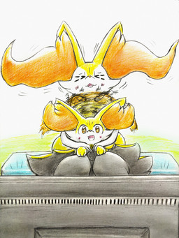 3_fingers 3_toes ambiguous_anthro ambiguous_feral ambiguous_gender anthro arm_tuft biped black_body black_fur black_nose blush blush_lines cheek_tuft detailed_background digitigrade dipstick_tail duo electronics evolutionary_family eyes_closed facial_tuft featureless_crotch feet feral fingers front_view fur hip_tuft inner_ear_fluff inside looking_at_viewer markings motion_blur multicolored_body multicolored_fur nude_ambiguous nude_anthro on_lap open_:3 open_mouth open_smile orange_body orange_eyes orange_fur orange_inner_ear_fluff orange_nose orange_tail_tip paws pointy_ears prick_ears quadruped shoulder_tuft sitting sitting_on_lap smile sparkles sparkling_eyes tail tail_markings tail_motion tailwag tapering_snout television toes tongue tuft two_tone_tail watching_television white_body white_fur yellow_body yellow_fur yellow_tail eiroru nintendo pokemon braixen canid fennekin generation_6_pokemon mammal pokemon_(species) 2025 3:4 colored colored_pencil_(artwork) graphite_(artwork) hi_res shaded traditional_media_(artwork)